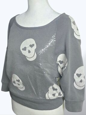 🔵 Hard Candy Vintage Y2K Grey White Sequin Skull Print Cropped Top Medium